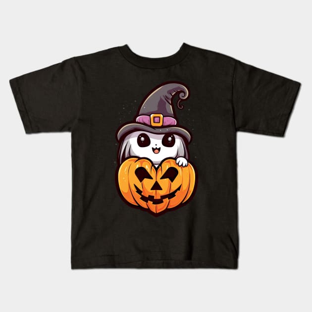 Adorable Ghost with heart shaped Pumpkin Kids T-Shirt by The-Dark-King